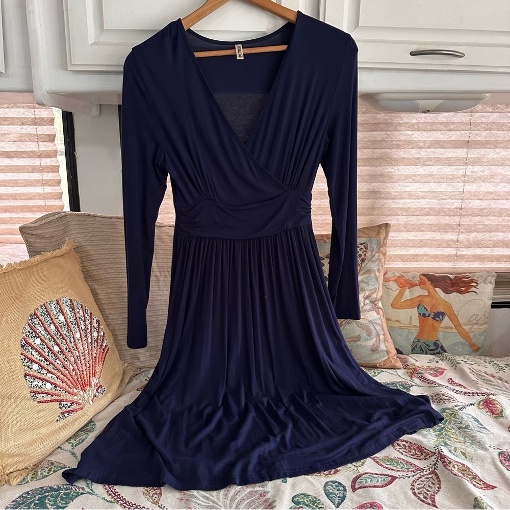 Faux Wrap Dress Size S Navy Blue Fit & Flare Midi Balletcore Stretchy Travel